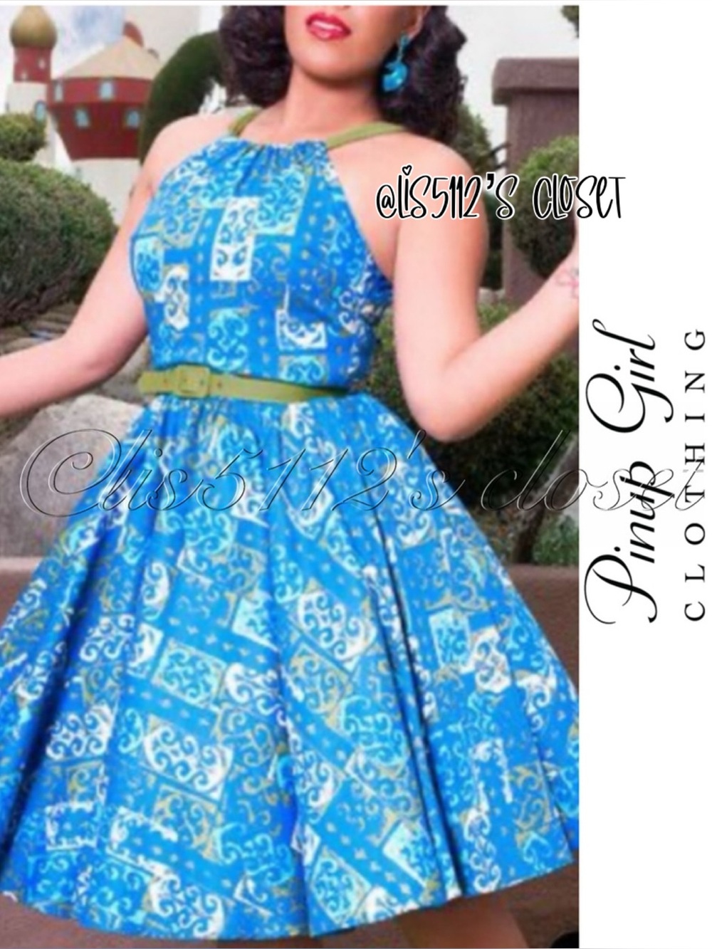 Pinup Couture Blue Harley Swing Dress in 1960's Tiki Print Sz XS // Extra Small